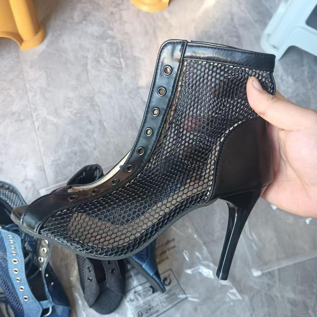 Sandale de damă cu toc înalt, cu șireturi, plasă peep-toe, mărimi mari, primăvară/vară 2024