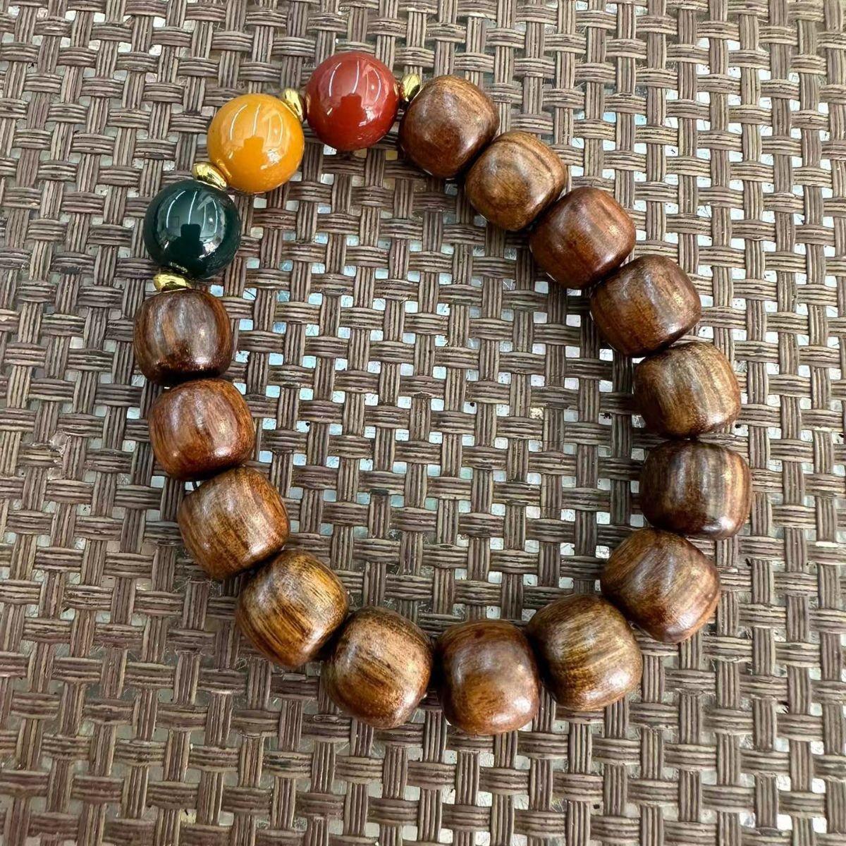 Black Rosewood Barrel Bead Bracelet with Metal Charms - Trendy Live Stream Bestseller Rosewood 10 Beads