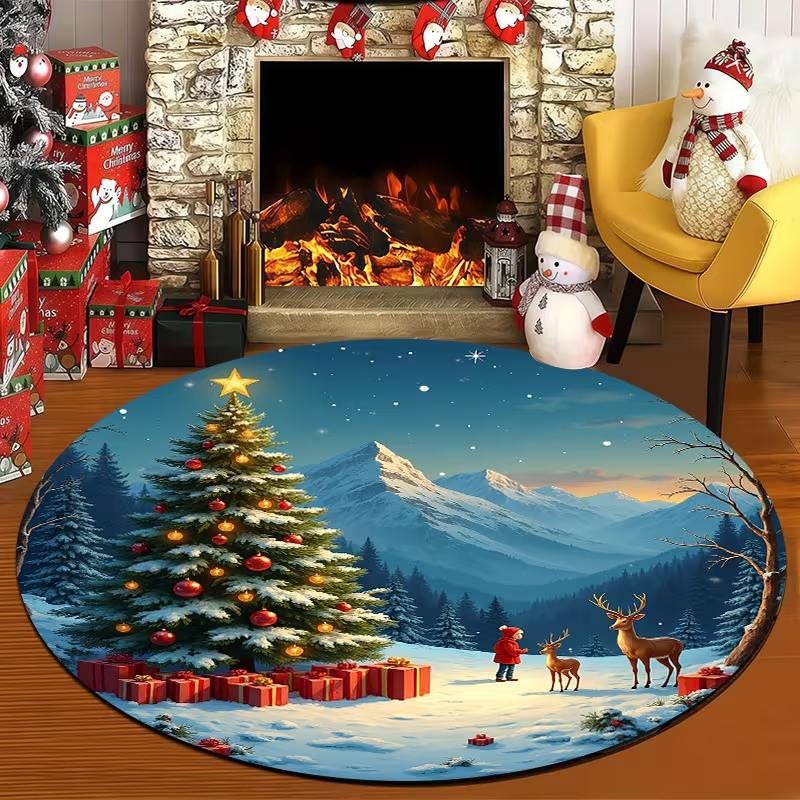 Round Christmas Area Rug Cute Reindeer Santa Hat Snowflake Print Non Slip Circular Carpet for Living Room Bedroom Holiday Decor