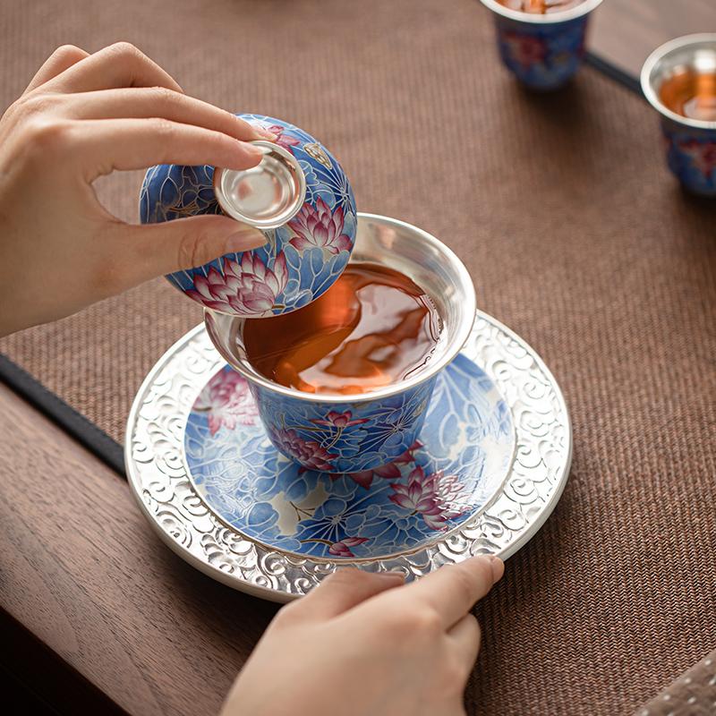 Su's Ceramic Gilded Silver Lotus Pond Clear Fun Bowl Set, Intangible Cultural Heritage Master Zheng Wenqiang's Kung Fu Tea Set Gift Box