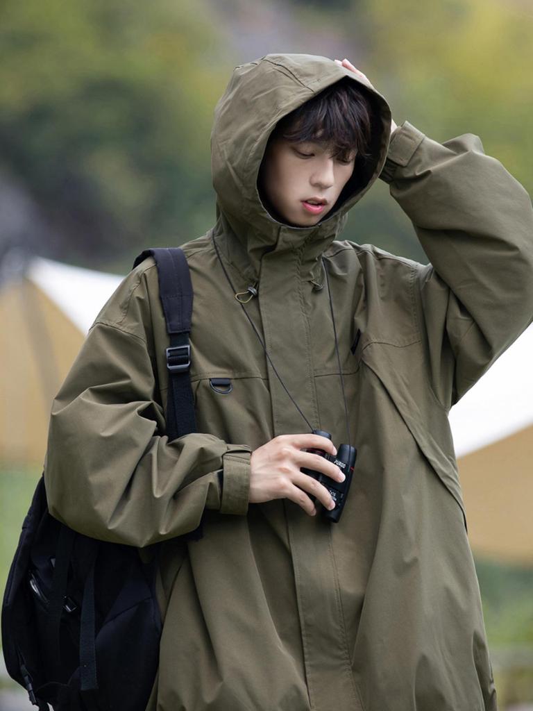 Men's Black Hooded Windproof Jacket: Spring/Autumn Japanese Trendy Loose Fit Mountaineering Workwear