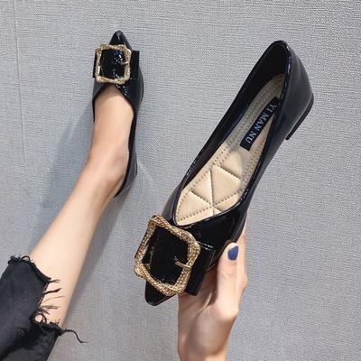 Black Flat-soled Single Shoes Women's Spring and Autumn New Versatile Wind Pointed Ladyshoes Patent Leather Square Buckle Shoes