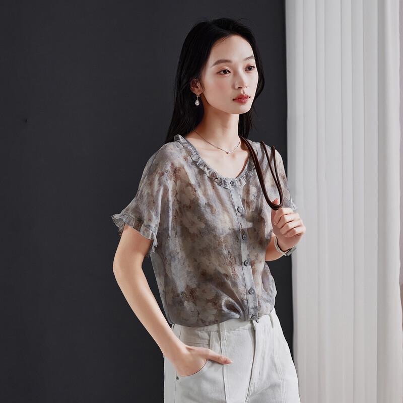 SOFSIL Women s Printed Ruffle Short Sleeve Round Neck Top S