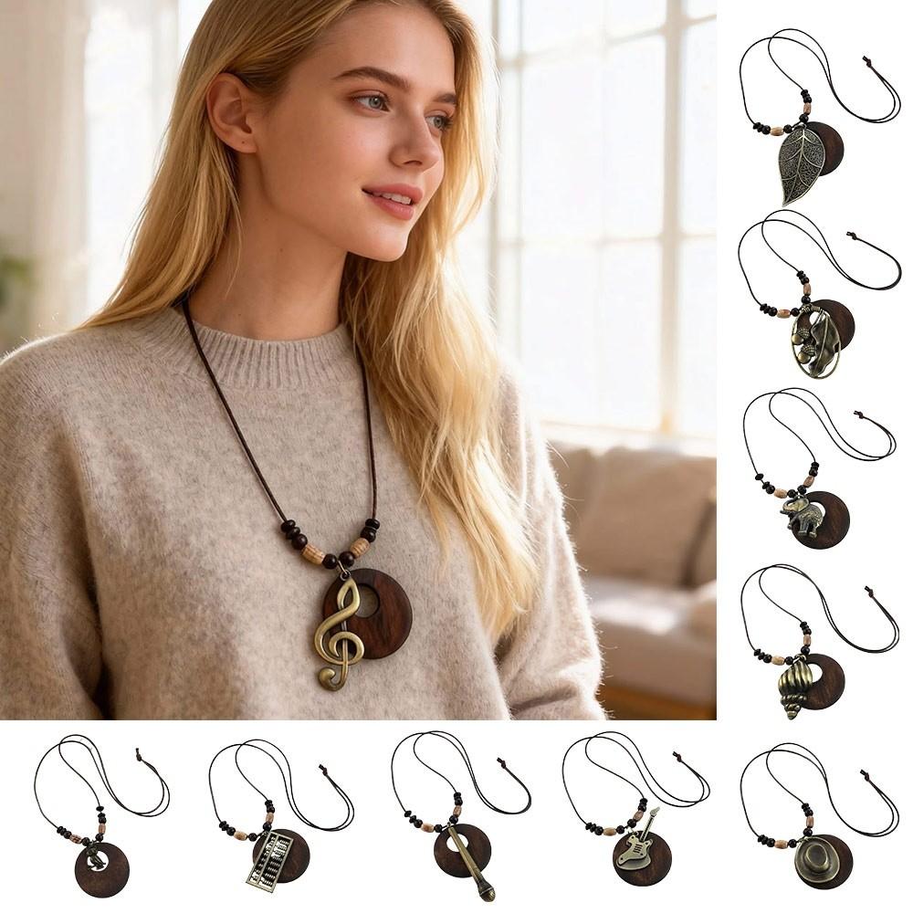 Leather Chain Wooden Pendant Necklace Boho Sweater Necklace Vintage Sweater Chain  Gifts