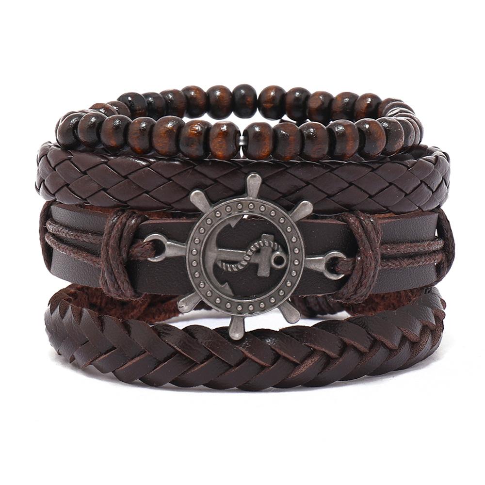 Amazon European and American cross-border retro metal rudder leather bracelet versatile woven 4-piece combination beaded hand jewelry