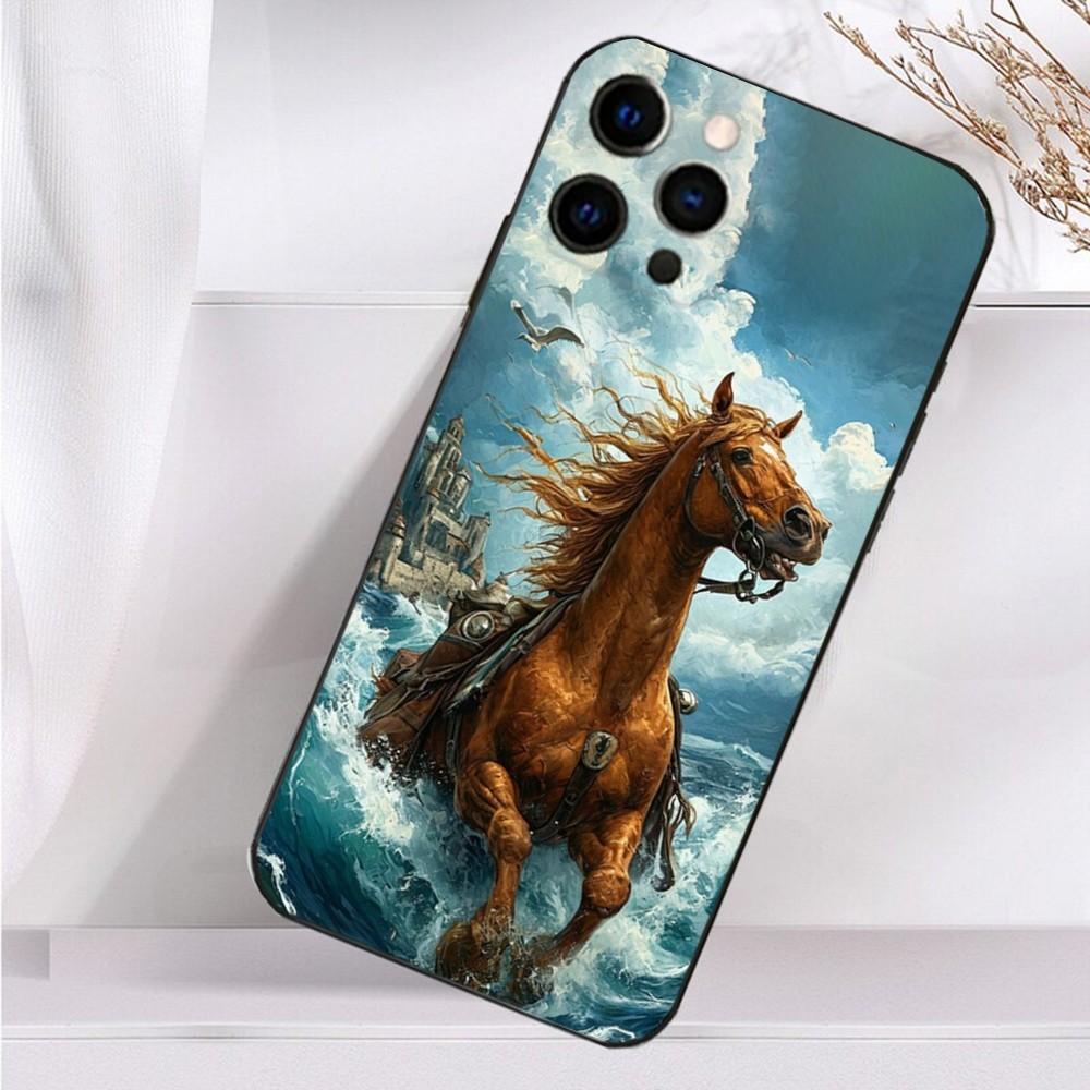 Art G-Galloping Horse Phone Case For iPhone 16,15,14,13,12,11 Plus,Pro Max,XS,X,XR,SE,Mini,8,7 Soft Silicone Black Cover