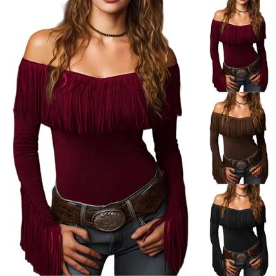 Women's Fashion Tassel Top Long Sleeve Retro Fitted Sexy Top