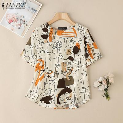 Women Casual Round Neck Half Sleeve Print Summer Blouse