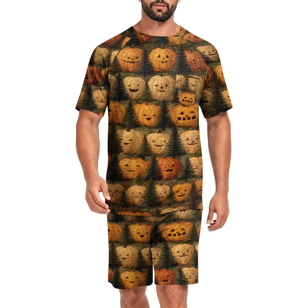 Men's Halloween Casual Pajama Set Short Sleeve Top and Shorts Comfortable Lightweight Sleepwear Set for Home Relaxation