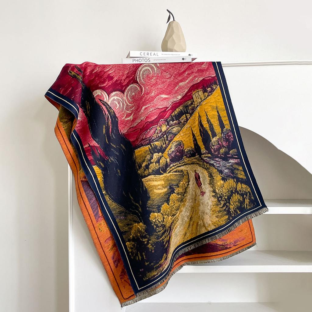 Design Scarves Women Autumn Winter Thicken Scarf Imitation Cashmere Oil Painting Shawl Warm Coldproof Windproof Blanket