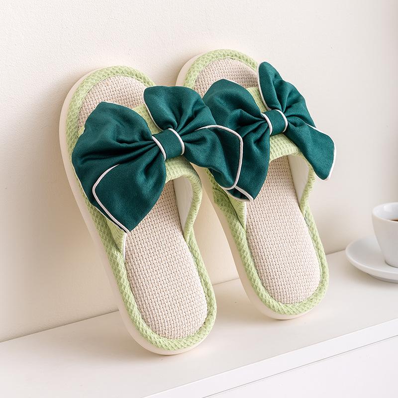 Butterfly knot linen slippers indoor cool slippers contrasting colors, simple fabric cotton linen slippers