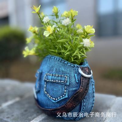 Creative Denim Bag Flower Pot, Unique Resin Statue, Suitable for Home Balcony Decoration Garden Garden Ornament