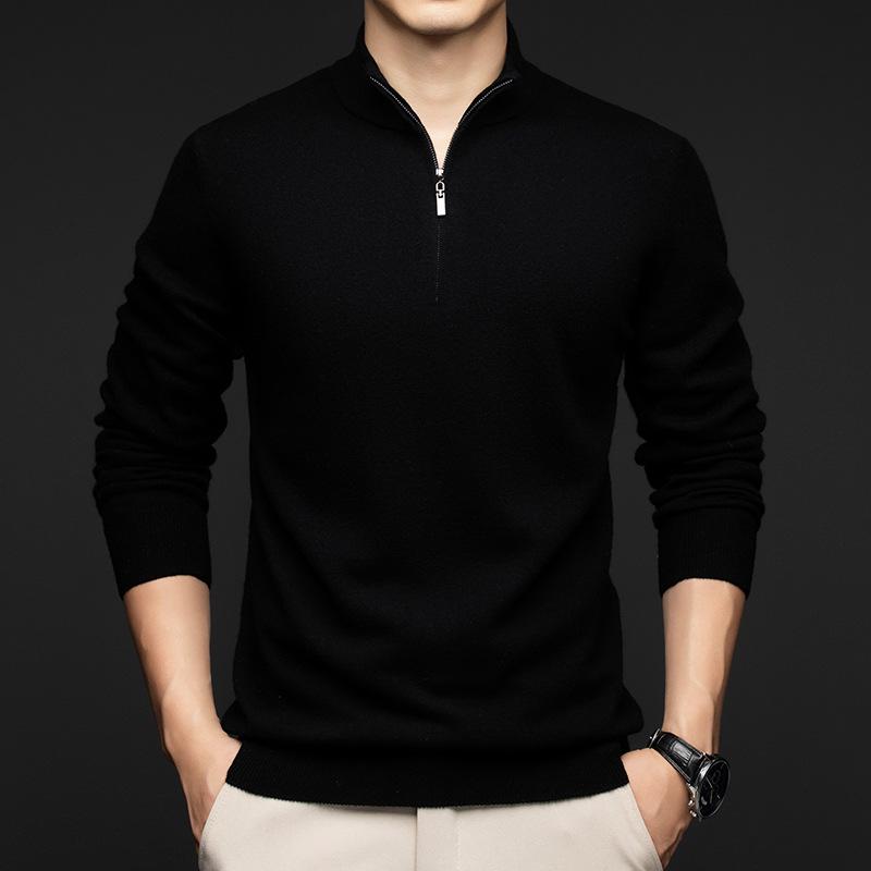 Men's Pure Wool Half-High Collar Zipper Sweater - Soft & Skin-Friendly Base Layer for Autumn/Winter.