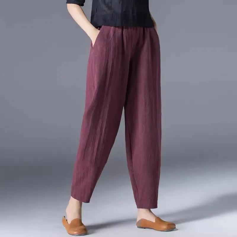 Women Summer Elastic Waist Casual Ankle-length Wide Leg Pants Female Loose Solid Color Harem Pants