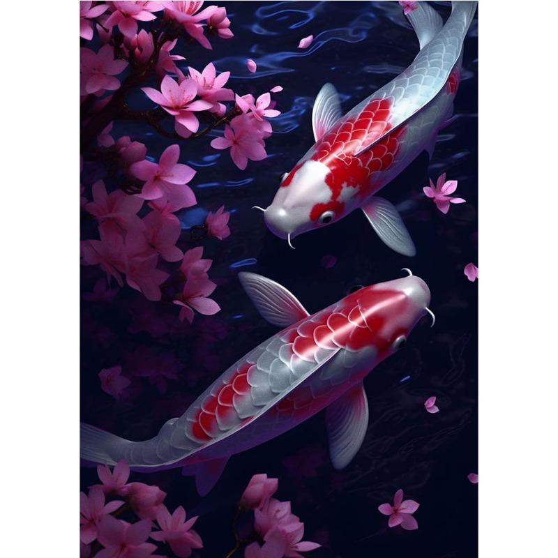 Japanese cherry color koi, fish, moonlake, magic art poster, canvas, painting, Japanese landscape, wall art for living room, home decor
