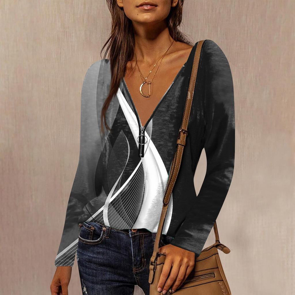Women's Shirt Blouse Casual Loose Shirts Print Long Sleeve V Neck Zipper T-shirts Tee Pullover Tops