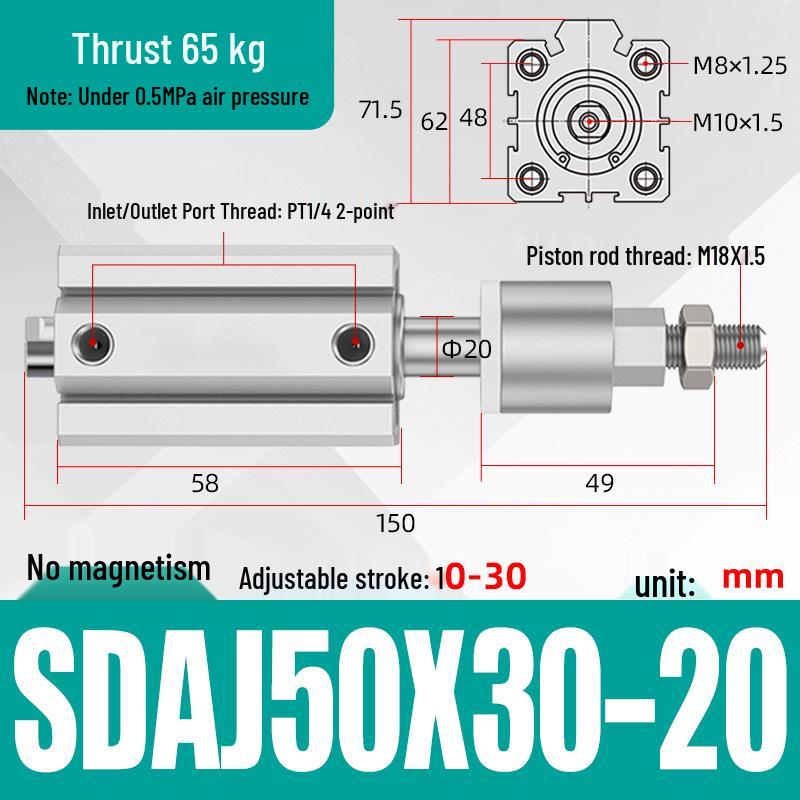 Adjustable Stroke Pneumatic Thin Cylinder - Piston Rod Sizes: 16/20/25/32/40/63