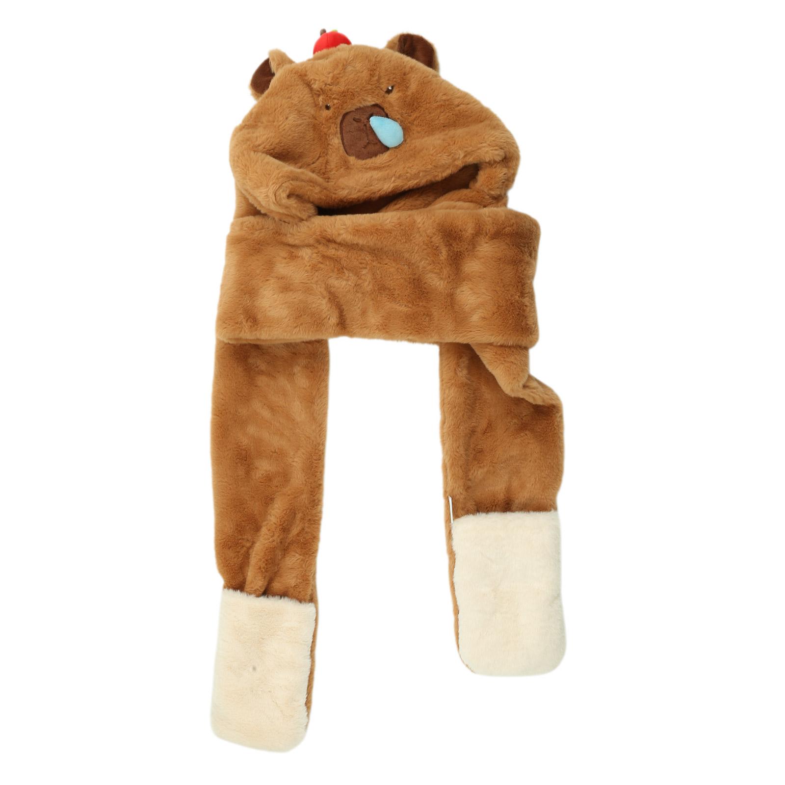 

Furry Cartoon Head Cover with Scarf Gloves Set Thicken Furry Hat Oversized Headgear Hat for Winter Commute коричневый
