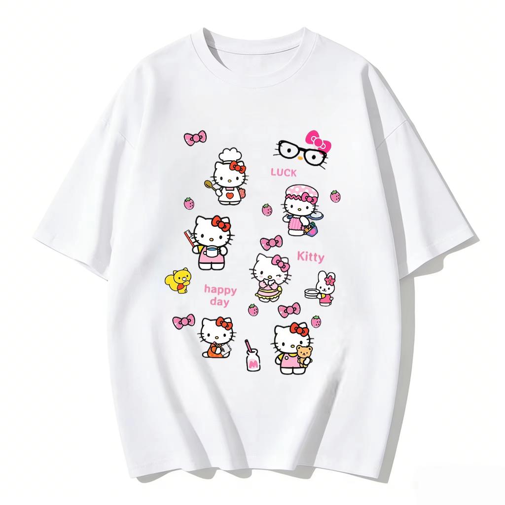 New Summer Cute HelloKitty TShirts Soft Cotton Short Sleeve Tees for Parents Kids Breathable Casual Daily Outfit Tops