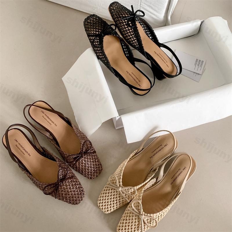 Fashion Woven Bow Back Strap Design Sandals Women's 2025 Summer New Square Head Shallow Mouth Single Shoe Comfortable Elegant Cool Pumps