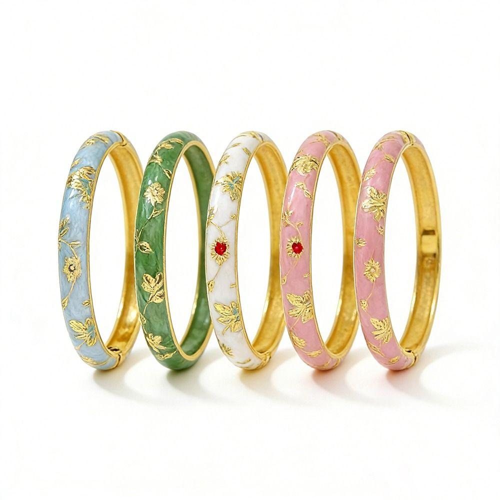 Vintage Colorful Enamel Floral Bangle Gold Plated Chinese Style Open Cuff Bracelet Elegant Handmade Flower Bangle Women