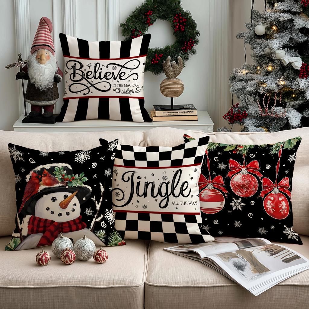1/4Pcs Black Christmas Pillowcase, Snowflake Bow Christmas Ball Cushion Cover, Snowman Cardinals Holly Leaf Pattern Pillow Cover