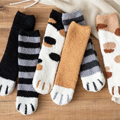 Women's Thickened Cozy Sleep Socks Cute Cat Paw Socks  Autumn Winter Fleece Mid-Calf Socks Fort Girls Floor Socks