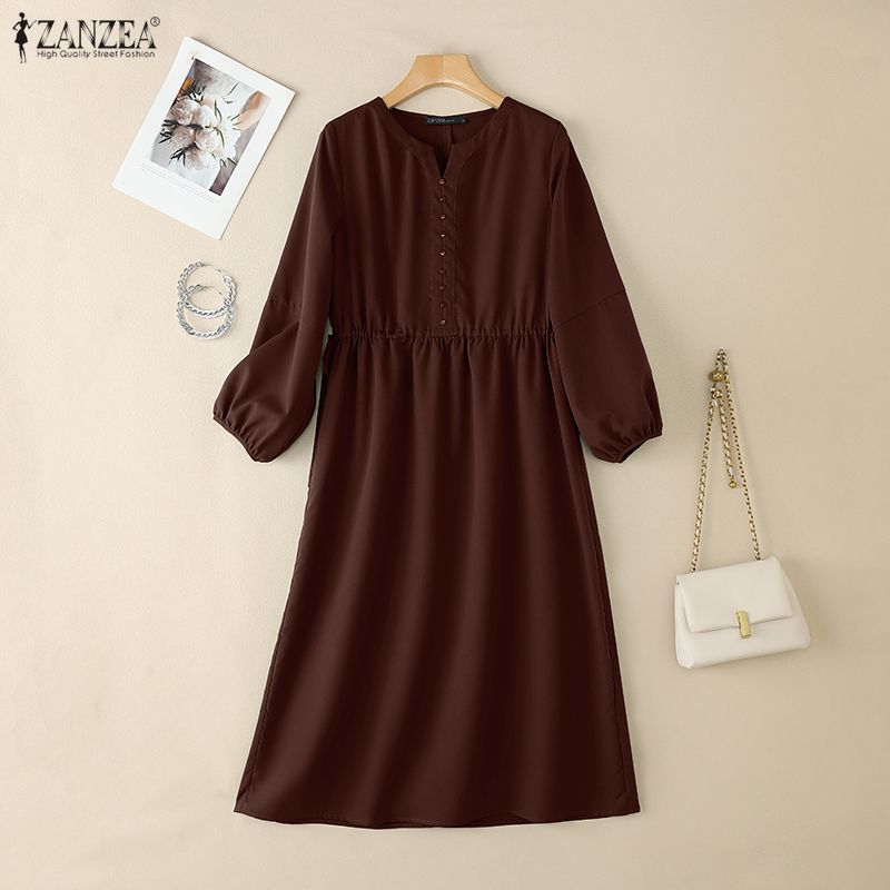 ZANZEA Women Casual V-Neck Solid Color Long Sleeve Loose Dress