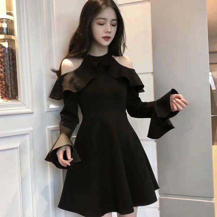 Pofulove S-2XL Damen O-Ausschnitt, schulterfreies A-Linien-Kleid, schmal, sexy, lange Ärmel, mittellanges schwarzes Kleid