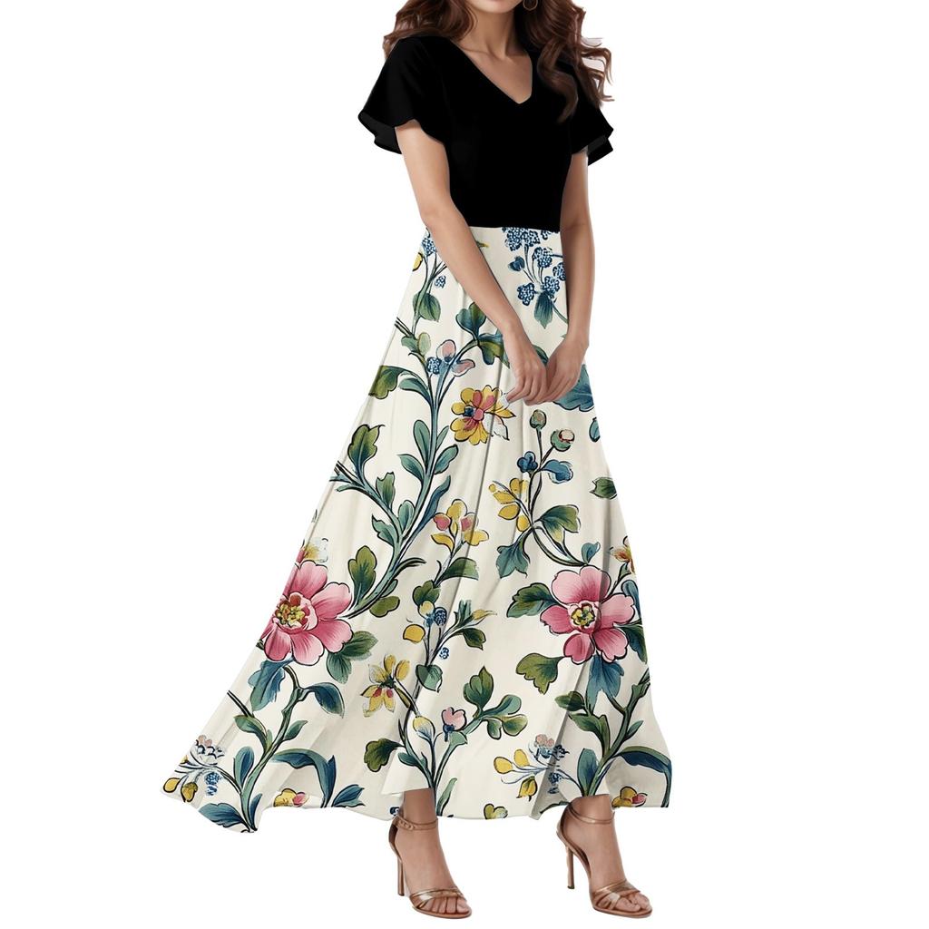 Women's Loose Casual  V-Neck Short Sleeved High Waisted Floral Print Dress Floral Print Dress