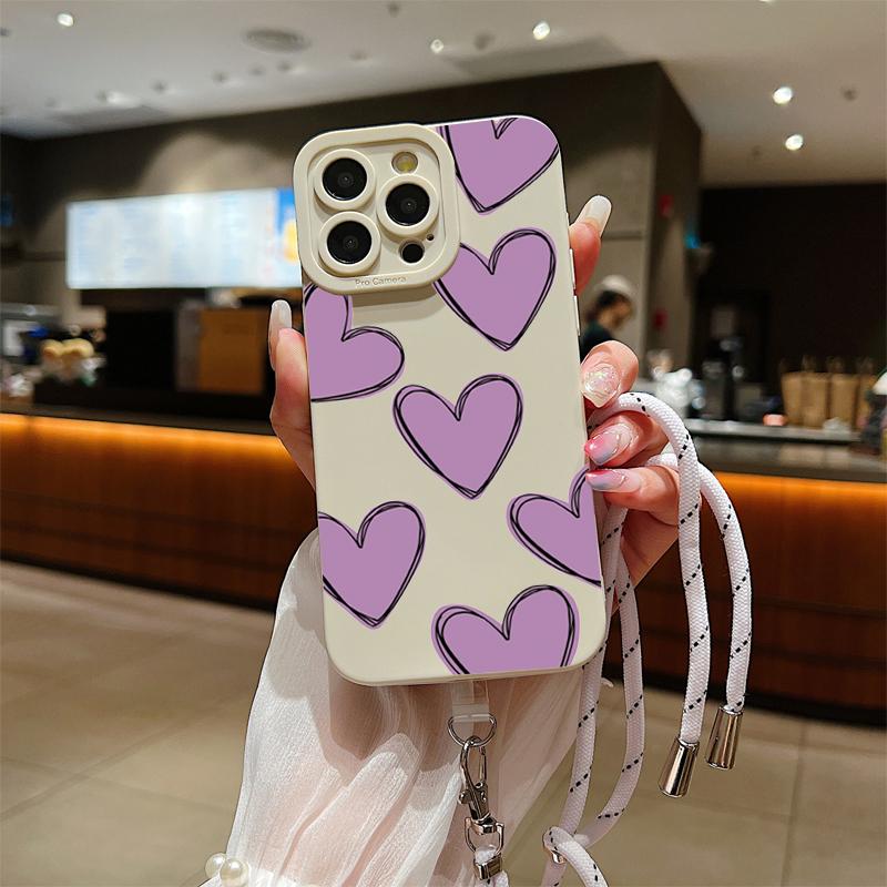 Full Screen Love Heart Lanyard Strap Phone Case For iPhone 15 14 13 12 11 Pro Max X XS XR 7 8 Plus SE  Silicone Soft Cover
