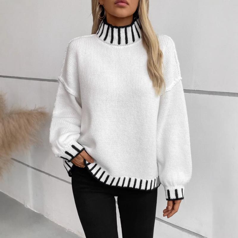 Women Loose Striped High Neck Long Sleeve Knit Pullover Casual Sweater Top