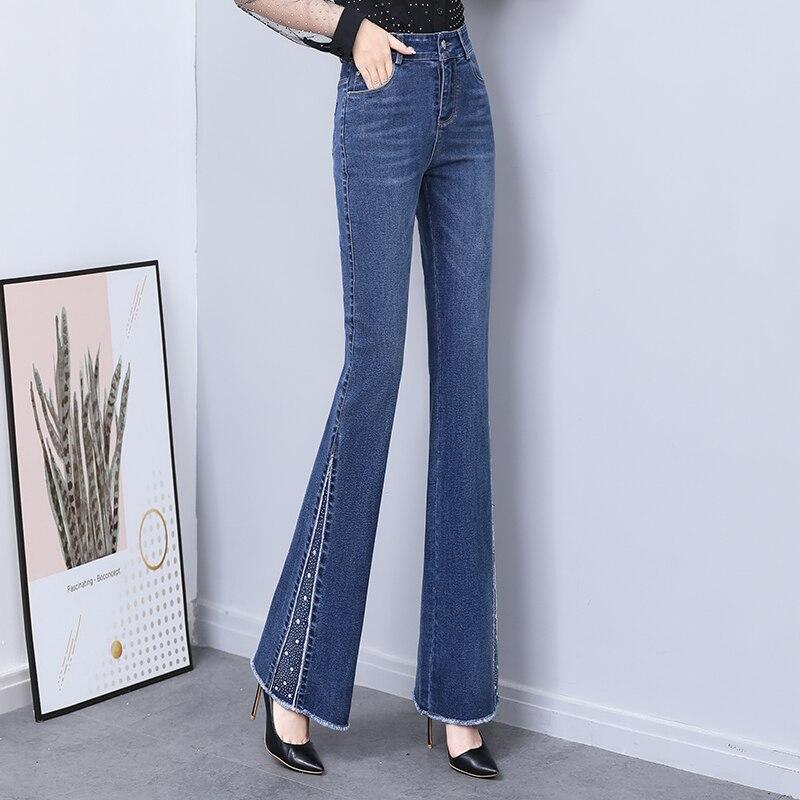 

Весенне-осенние женские джинсы-клеш, эластичные винтажные джинсы с высокой талией и кисточками, повседневные прямые брюки, женская уличная одежда в стиле Харадзюку XXL синий