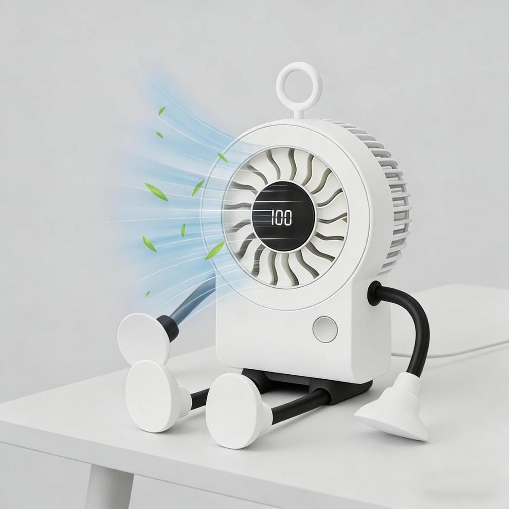 Desktop Fan Robot Shape Portable Rechargeable Personal Cooler With LED Light Portable Fan With Suction Cups For Home Kitchen