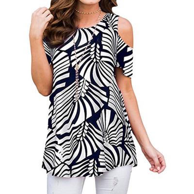 Damen T-Shirt Rundhals Schulterfrei Top Print T-Shirt