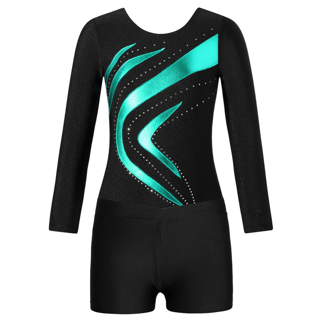 Zweiteilige Tanz-Outfits mit Strasssteinen für Kinder und Mädchen, langärmlige Trikots und sportliche Shorts-Sets