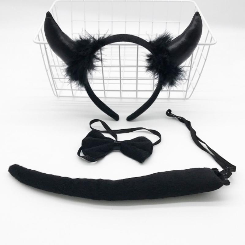 Devil Costume Kits Halloween Party Prop Devil Ears Headband Bow Tie Tail Set Cosplays Performances Prop for Women Kids
