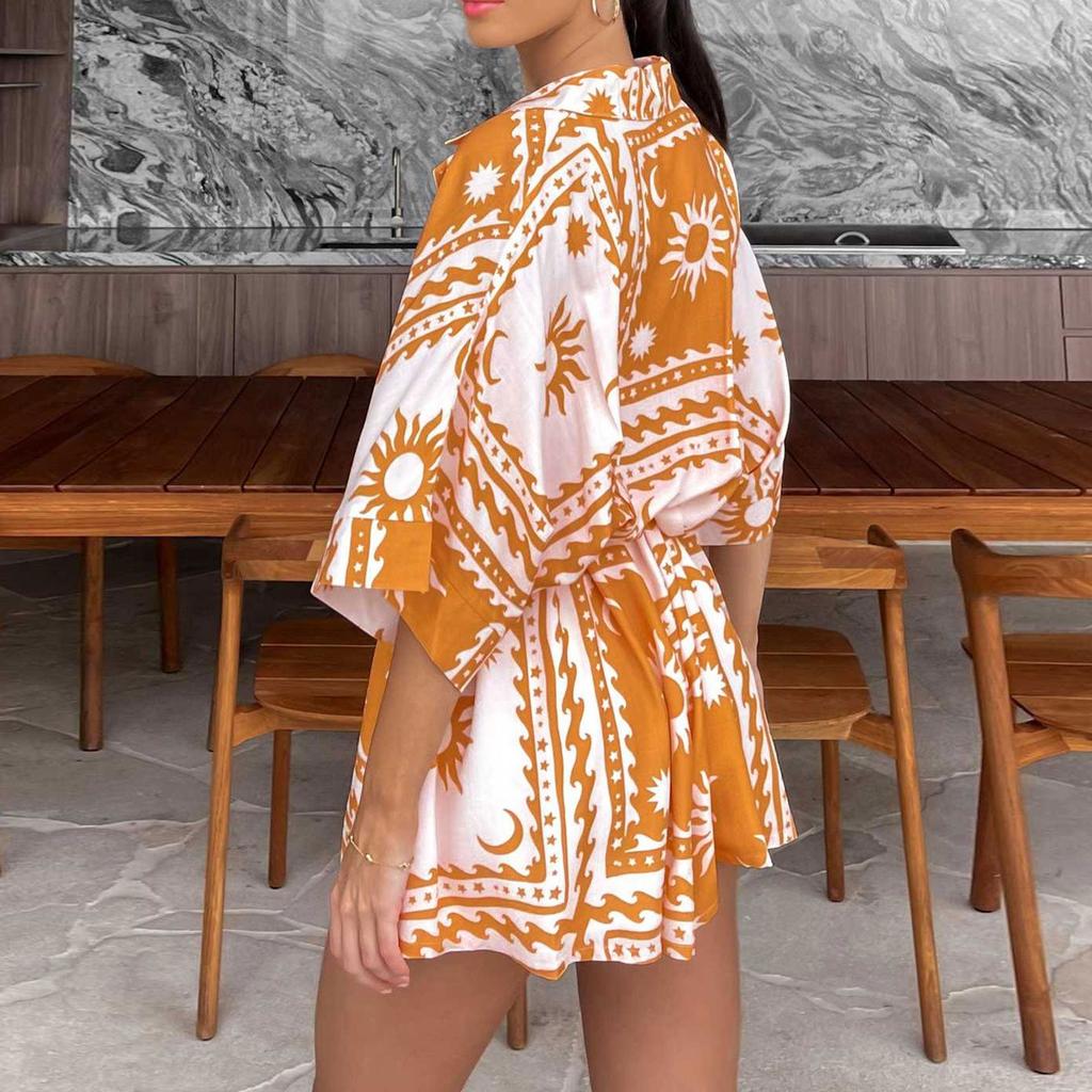 Women's Fashionable Casual Loose And Comfortable Tie Waist Open Collar Five Quarter Sleeve Jumpsuit