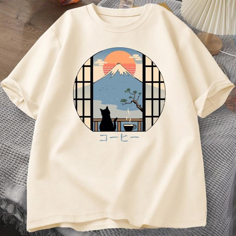 Coffee Cat in Mt Fuji Tshirt Unisex Women Round Neck Short Sleeve Tshirt Japanese Style Printed TShirt Cotton Oversized Tops