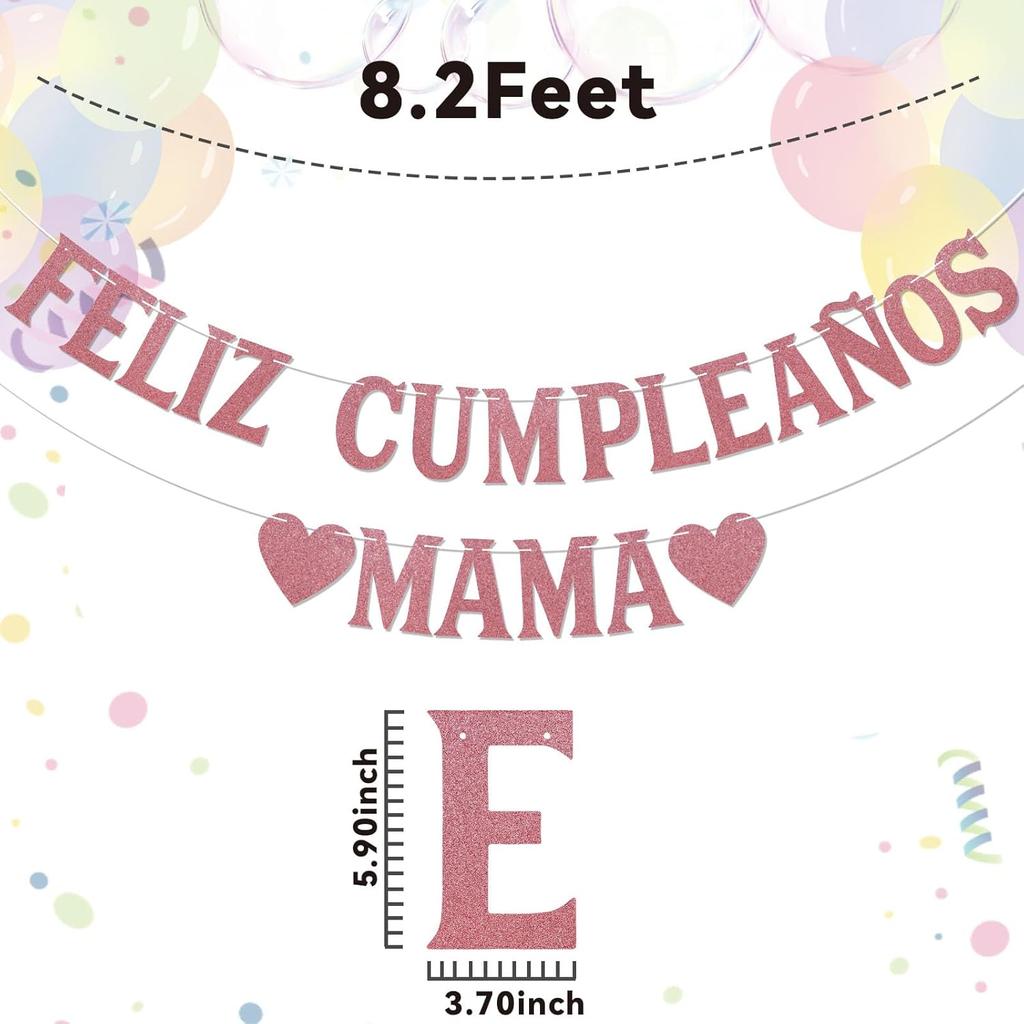 Feliz Cumpleaños Mama Banner - Spanish Happy Birthday Mom Banner, Mexican Fiesta Theme Mom' Birthday Mother's Day Party Decorations Rose Gold