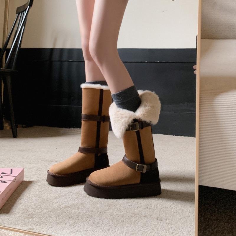 Couleur cuir assortie bottes de neige tube long femme hiver antidérapantes deux façons de porter bottes tube haut velours thermique chaussures en coton