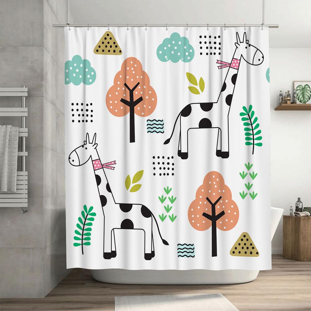 Giraffe Baum Duschvorhang Tierdruck Badematte Dekoration Für Kinder Badezimmer Niedliche Cartoon Heimdekoration Wasserdichtes Gewebe 3D Druck