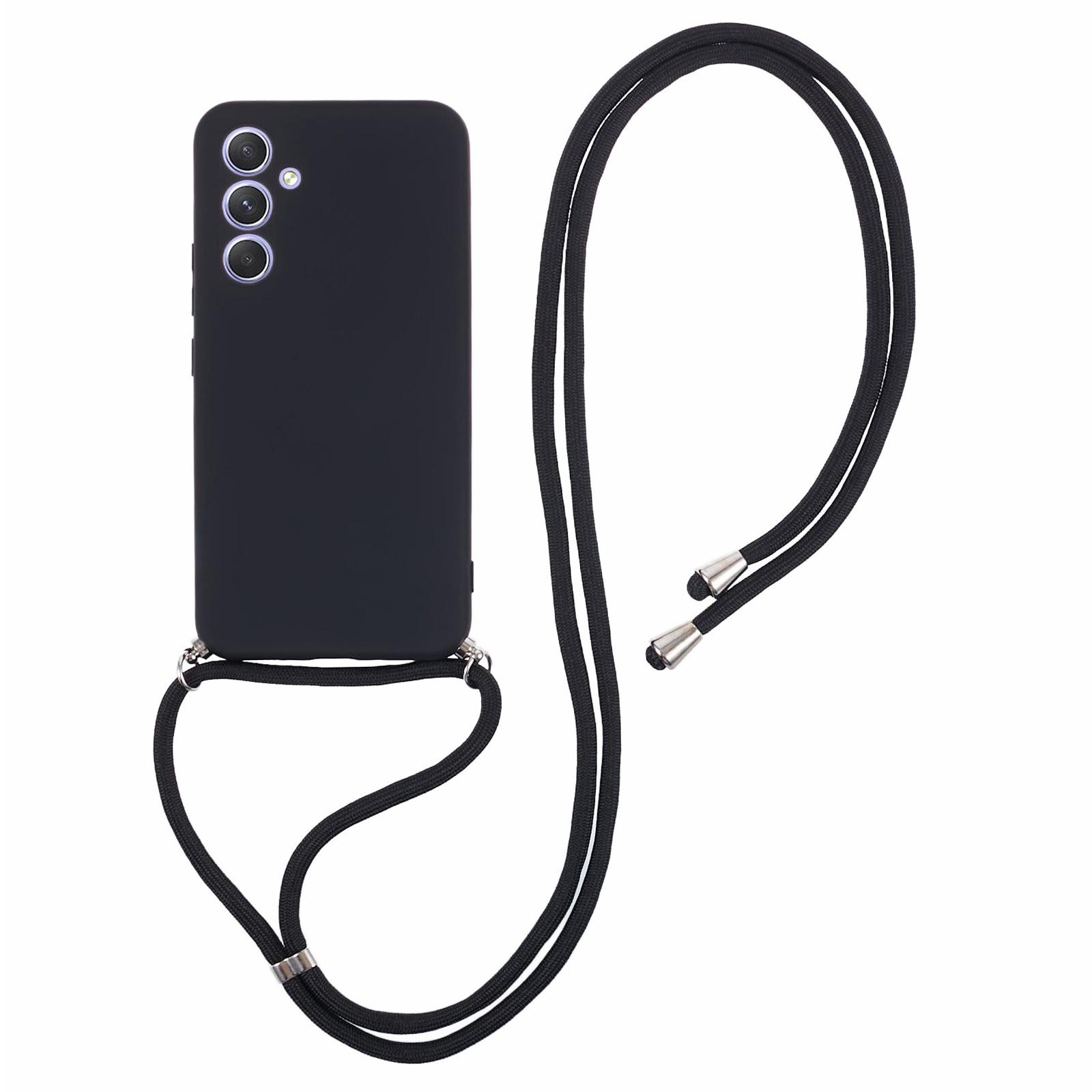 

For Samsung Galaxy A54 5G TPU Case Fiber Lining Rubberized Cover with Long Lanyard Black