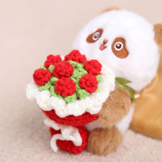 Panda Holding Flowers Keychain Cute Plush Stuffed Animal with Knitted Bouquet