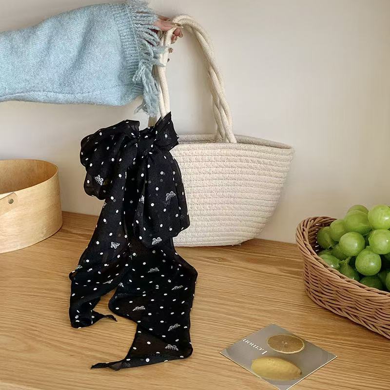 Lazy Wind Premium Retro Brown Polka Dot Long Light Luxury Tie Bag Long Hair Belt Chiffon Silk Scarf Vacation Scarf