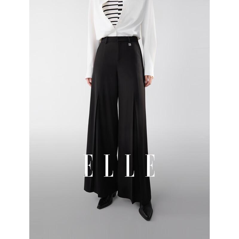 ELLE Women s Black Wool Blend Wide-Leg Casual Pants L