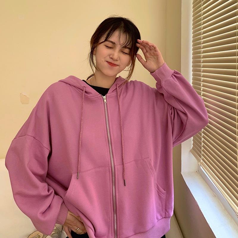 Double Hat Spring and Autumn Loose Zipper Long Sleeve Cardigan Jacket for Women Korean Solid Color Hooded Sweatshirt for Women