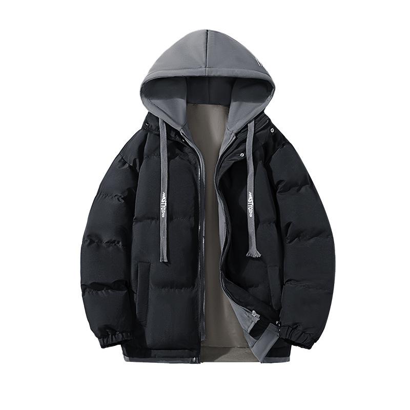 New Winter Style Men's Fake Two-piece Hooded Cotton Coat Student Loose Thickened Warm
