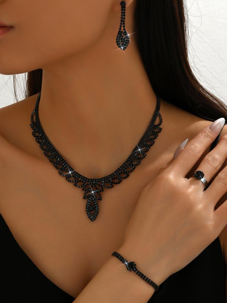 Hollow Leaf Necklace Earrings Bracelet Ring Four-Piece Set Bridal Wedding Rhinestone Accessories