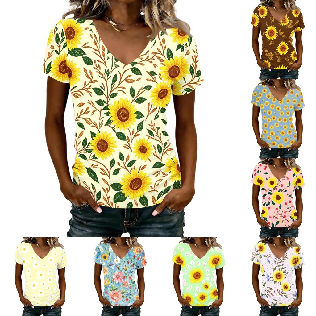 Women’s Casual V Neck Short Sleeve Floral Print T Shirt Top Relaxed Fit Lightweight Summer Tee for Daily Wear